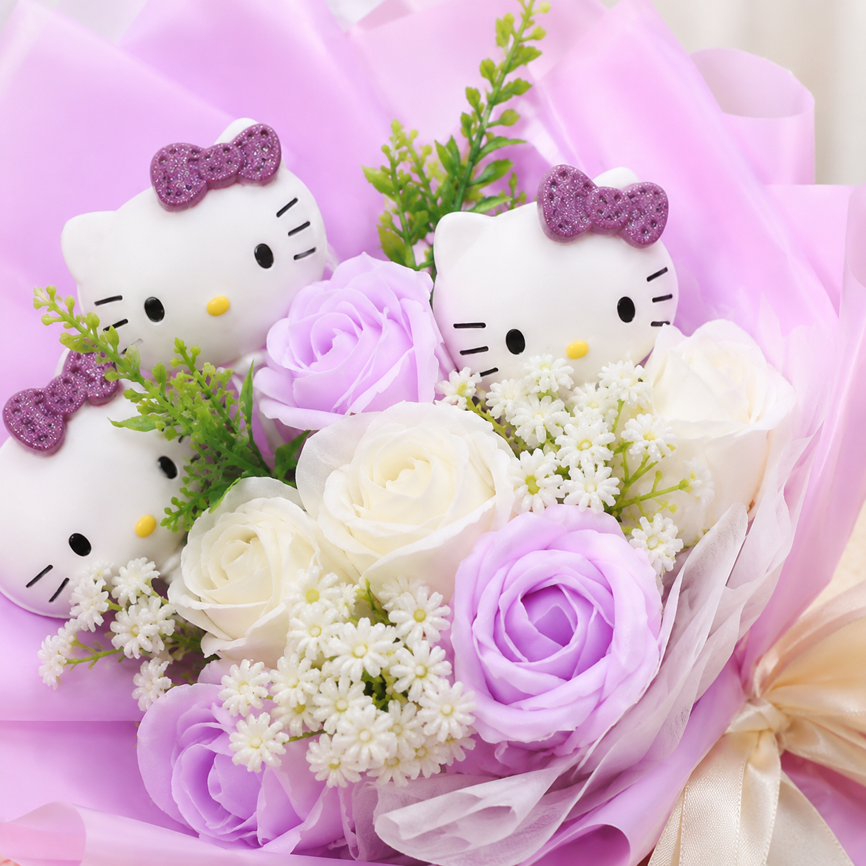 Cute Kitty Doll Soap Rose Bouquet, Eternal Artificial Flower Hand Bouquet Gift for Girls