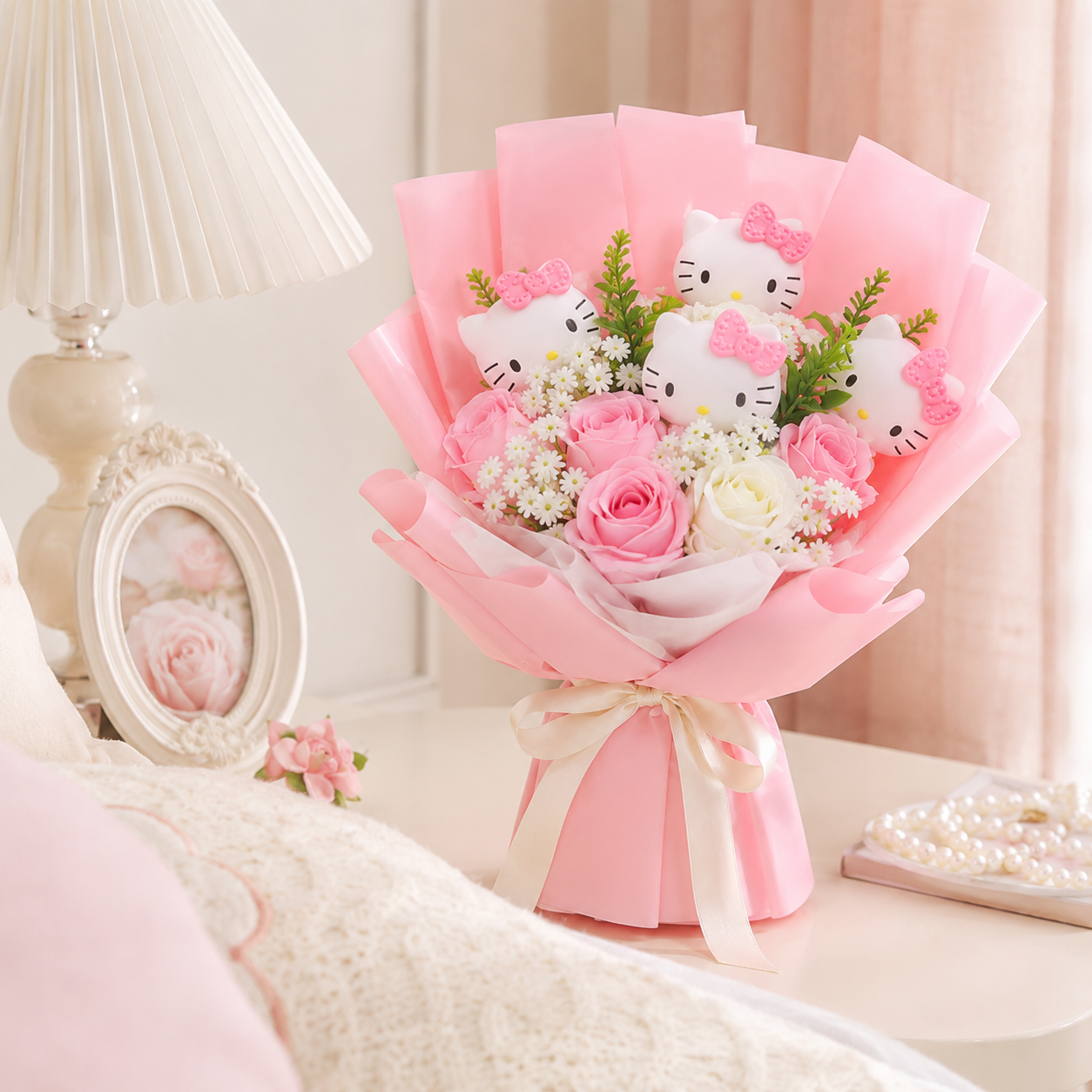 Cute Kitty Doll Soap Rose Bouquet, Eternal Artificial Flower Hand Bouquet Gift for Girls