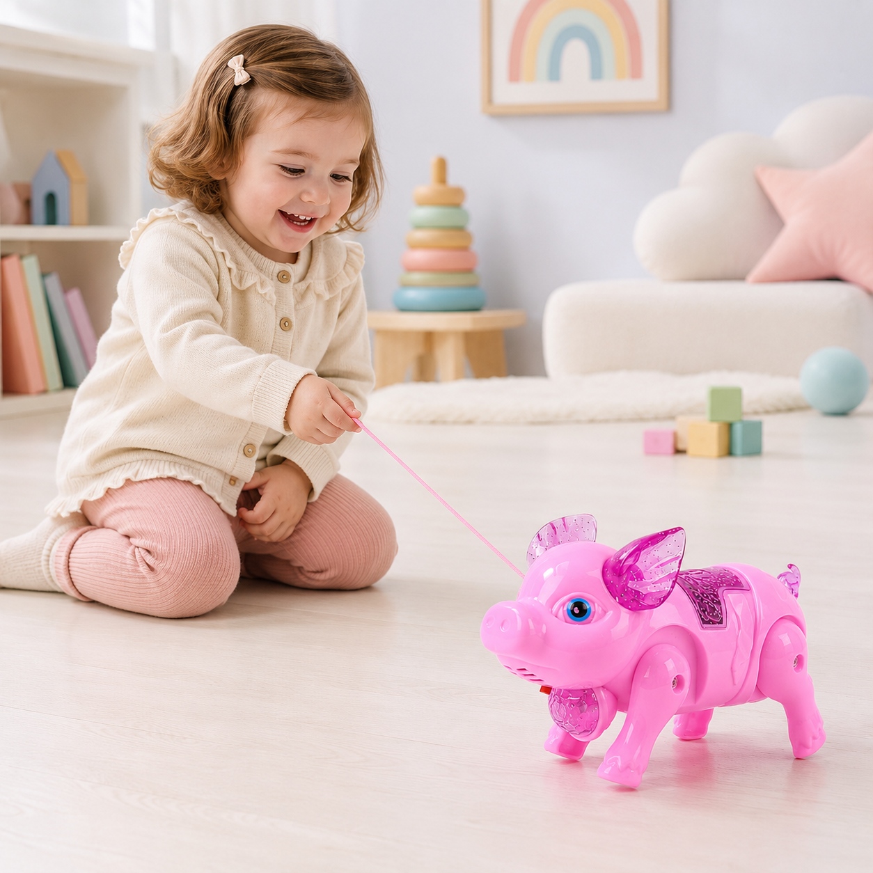 LED Musical Tethered Walking Pig Kids Toy
