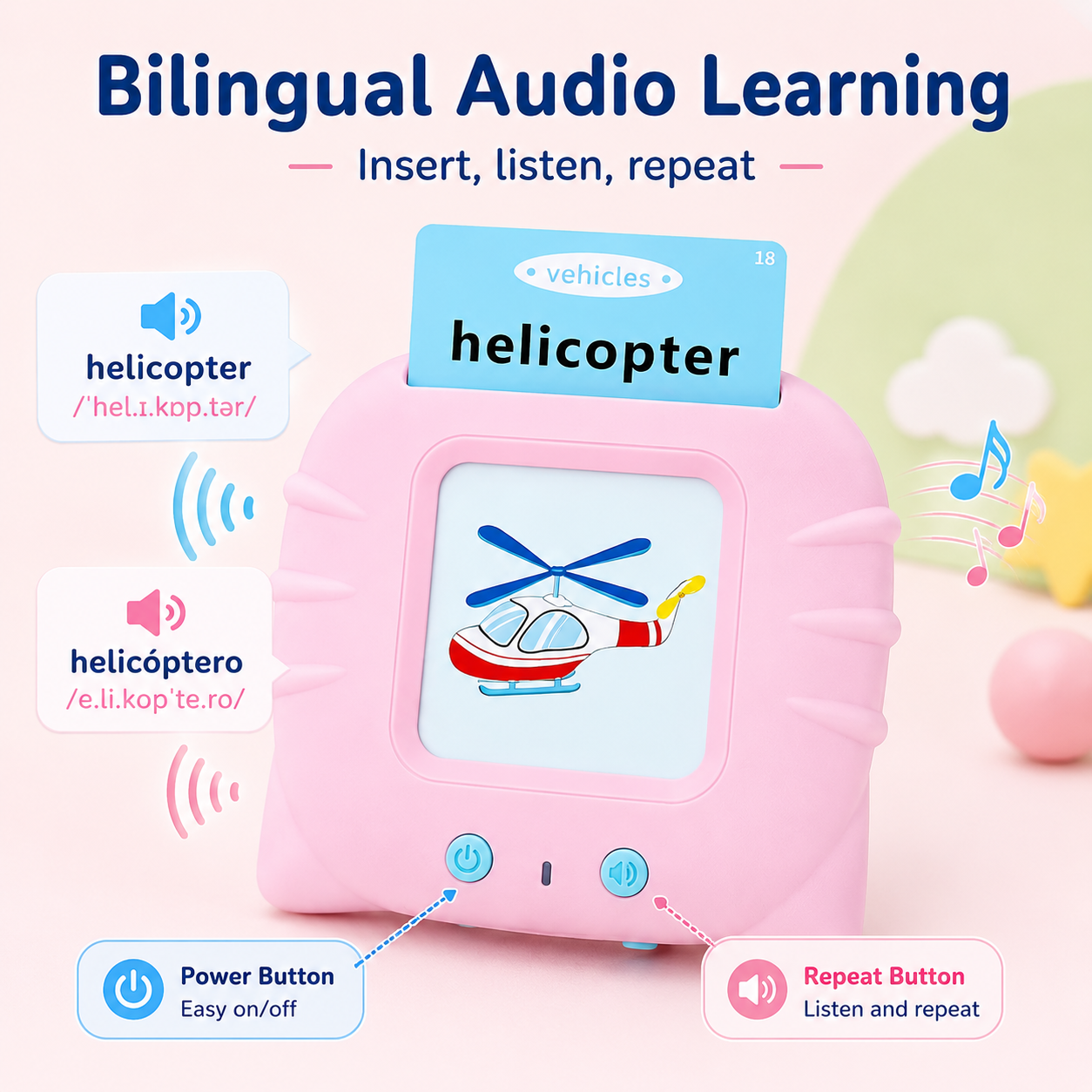 Rechargeable Kids Bilingual Flash Card Reader